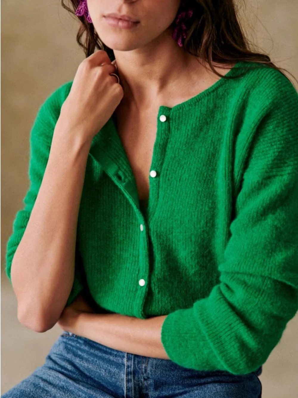 Sezane Gaspard Cardigan, Bright Green, Size XS, Like New - Picture 2 of 8